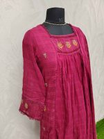 Mul cotton with multicolour floral embroidery and a gathered yoke pattern-Maroon - Image 3