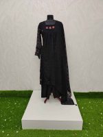 Mul cotton with multicolour floral embroidery and a gathered yoke pattern-Black - Image 4