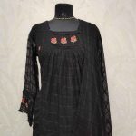 Mul cotton with multicolour floral embroidery and a gathered yoke pattern-Black