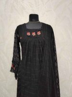 Mul cotton with multicolour floral embroidery and a gathered yoke pattern-Black