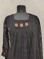 Mul cotton with multicolour floral embroidery and a gathered yoke pattern-Black - Image 2