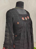 Mul cotton with multicolour floral embroidery and a gathered yoke pattern-Black - Image 3