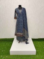 Cotton Ajrakh-printed salwar with a pearl-detailed neckline-Dark blue - Image 4
