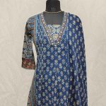 Cotton Ajrakh-printed salwar with a pearl-detailed neckline-Dark blue