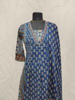 Cotton Ajrakh-printed salwar with a pearl-detailed neckline-Dark blue