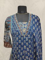 Cotton Ajrakh-printed salwar with a pearl-detailed neckline-Dark blue - Image 2