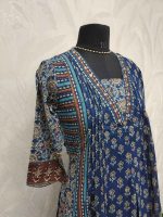 Cotton Ajrakh-printed salwar with a pearl-detailed neckline-Dark blue - Image 3
