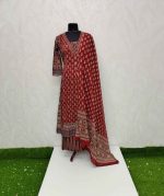 Cotton Ajrakh-printed salwar with a pearl-detailed neckline-Brick red - Image 4