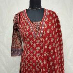 Cotton Ajrakh-printed salwar with a pearl-detailed neckline-Brick red