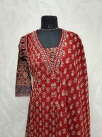 Cotton Ajrakh-printed salwar with a pearl-detailed neckline-Brick red