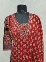 Cotton Ajrakh-printed salwar with a pearl-detailed neckline-Brick red - Image 2