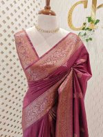 Semi tussar banarasi with simple motifs on the body and with thick boarder - Image 4