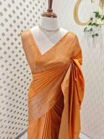Semi tussar banarasi with simple motifs on the body and with thick boarder - Image 7