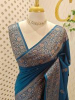 Semi tussar banarasi with simple motifs on the body and with thick boarder - Image 11