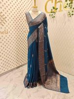 Semi tussar banarasi with simple motifs on the body and with thick boarder - Image 12
