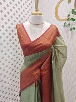 Tissue silk with small check pattern body and paisley design on the border - Image 4