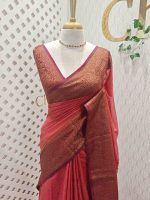 Tissue silk with small check pattern body and paisley design on the border - Image 10